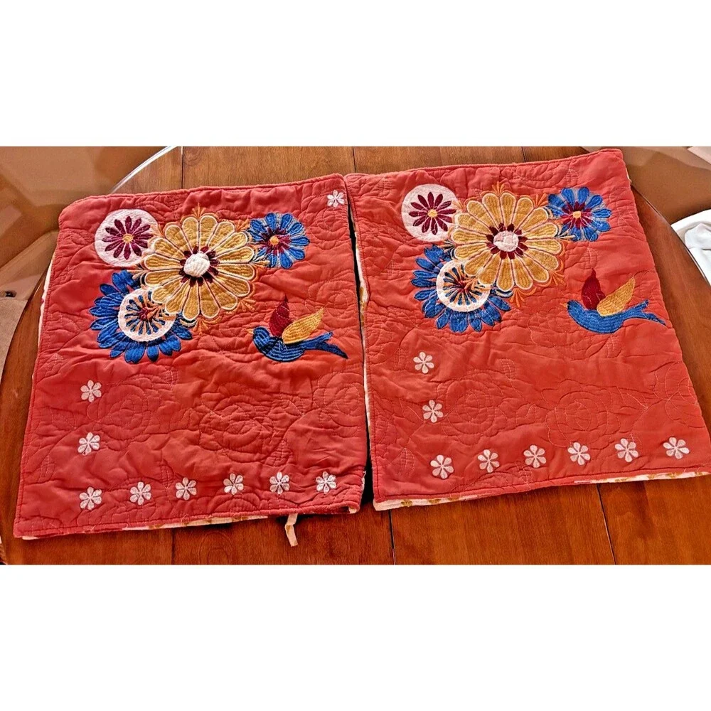 2 Pillow Shams Embroidered Flowers Bird Orange 36 X 20”  Tie Back